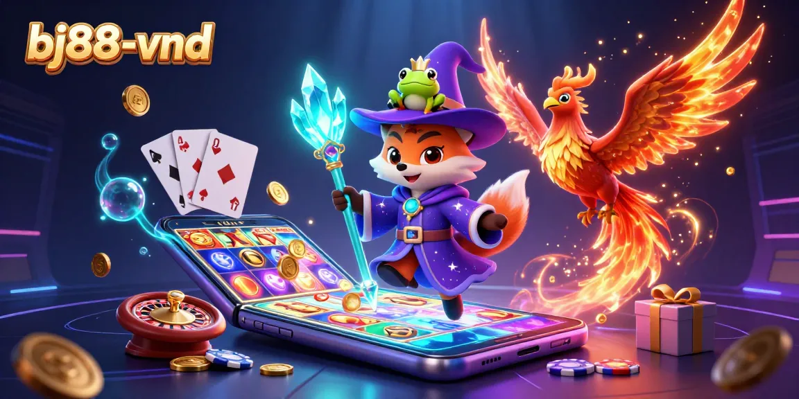 Engage in the exciting world of bj88-vnd showcasing a wizard fox and phoenix amidst golden coins and gaming excitement.