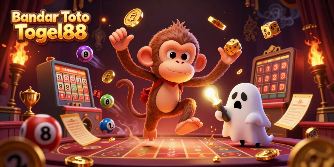 Experience thrilling action with Bandar Toto Togel88 as golden lottery balls and puppets roam a haunted casino scene.