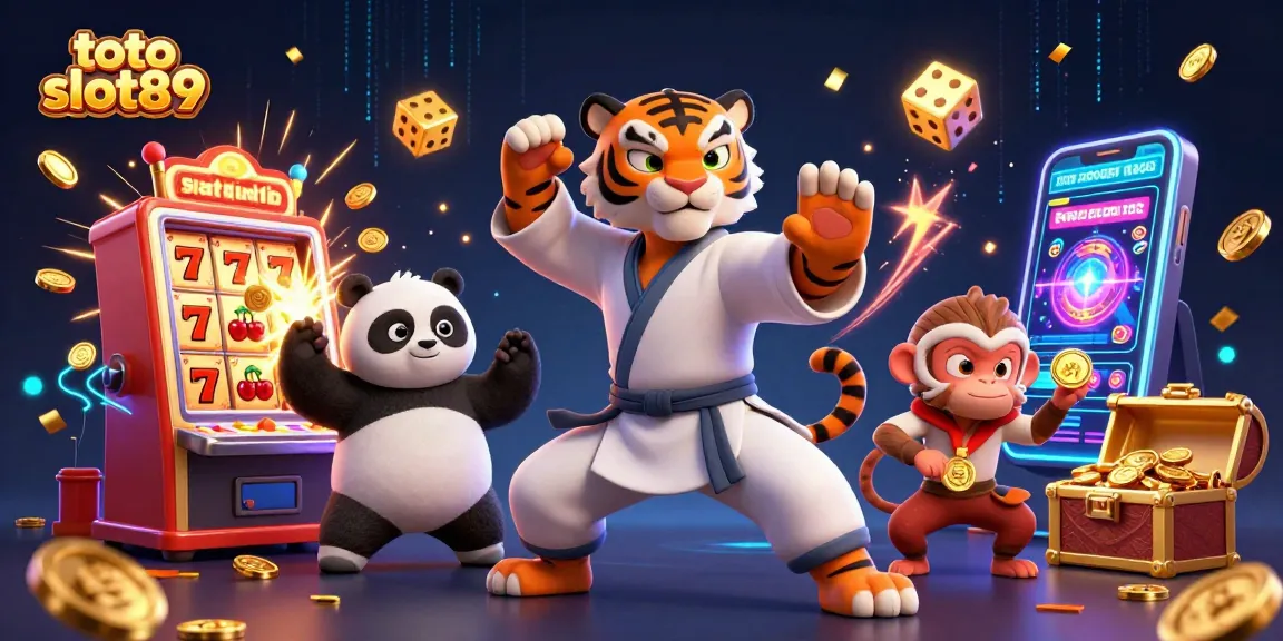Toto slot89 showcases a kung fu tiger master with its panda disciple amidst a dazzling slot machine jackpot