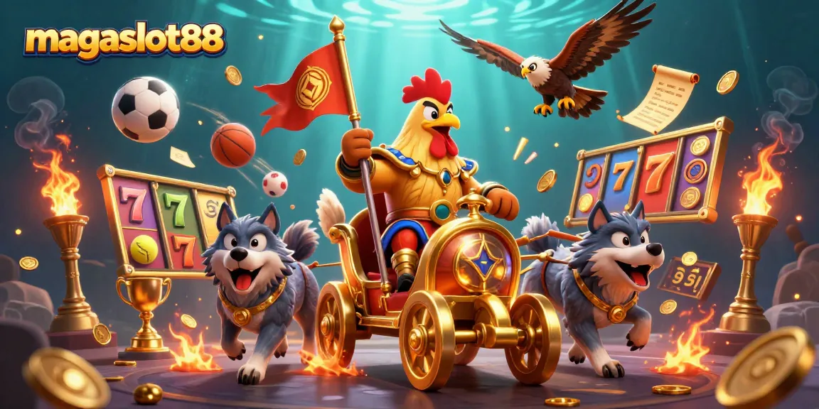 Engage with megaslot88's thrilling slot games amid a vibrant 3D battle scene filled with winning elements.