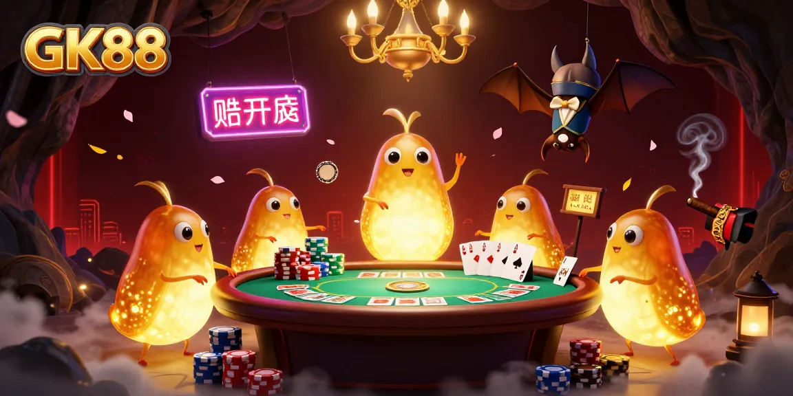 Illuminate your gaming experience with GK88's dynamic casino scene featuring glowworms and poker action.