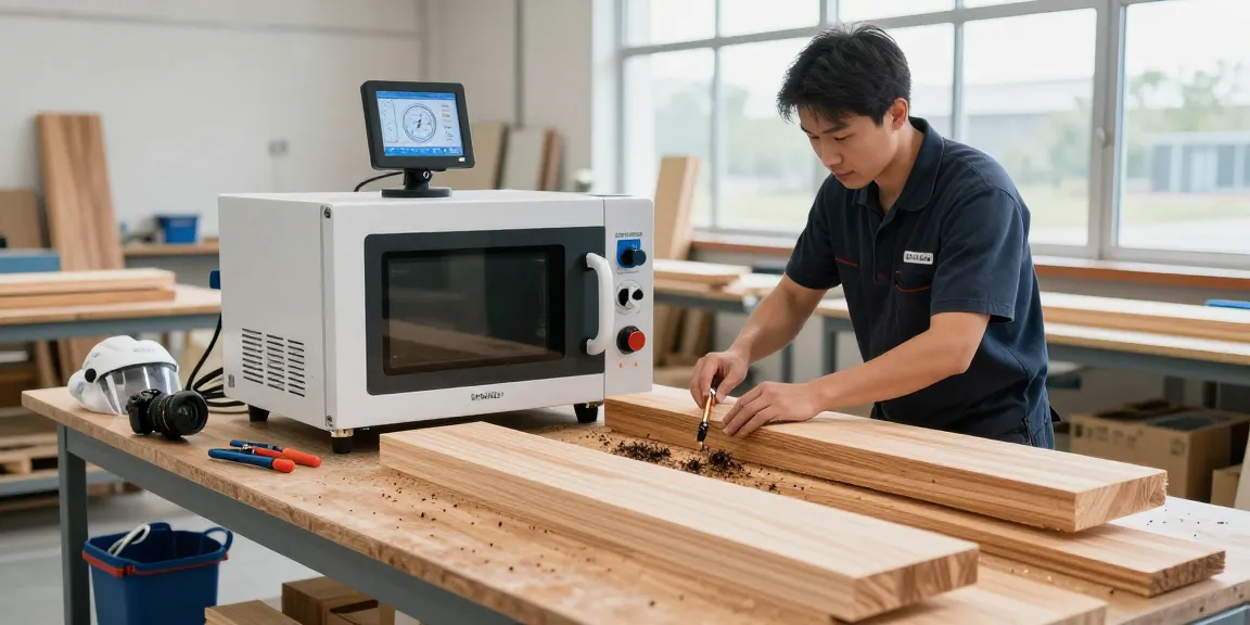 Efficient SHASHEL® microwave treatment eliminating wood-boring insects in a professional workshop.