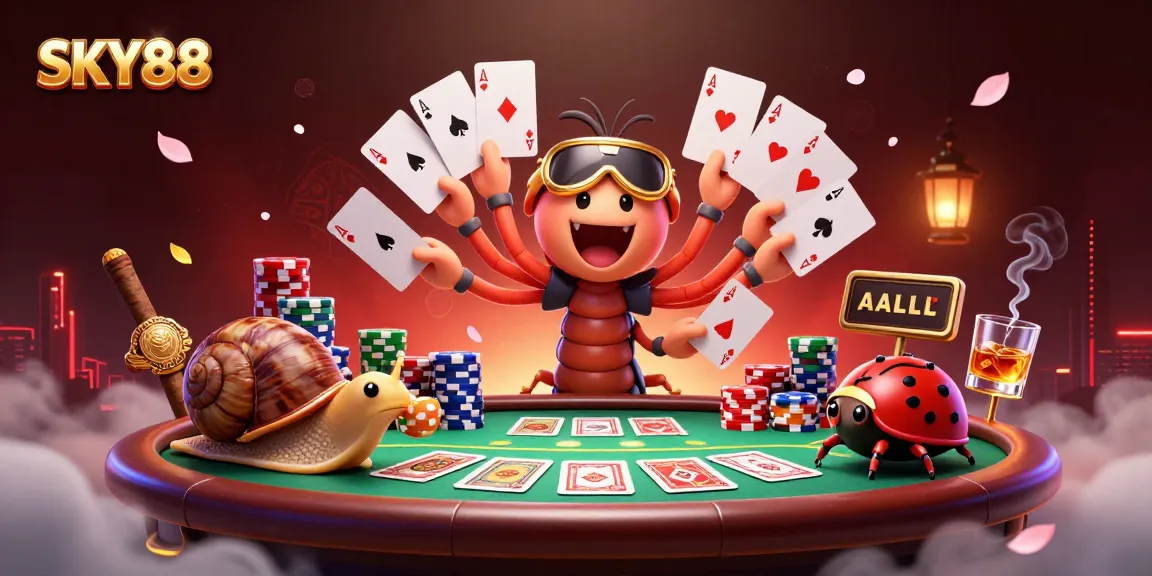 Experience thrilling gameplay at SKY88 with a dynamic illustration showcasing a deal by a lively millipede dealer.