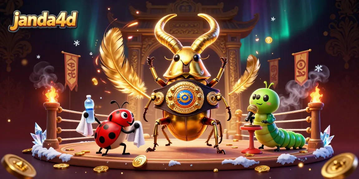 Taruhan seru di janda4d dengan kejuaraan bug di arena yang penuh koin dan simbol keberuntungan.