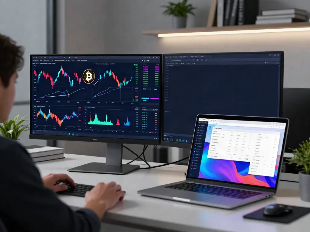 A股行情接口 focused cryptocurrency trading workspace with dual monitors showing real-time data, emphasizing innovation and security.
