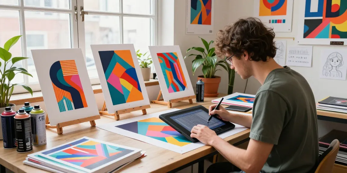 Custom poster printing in vibrant art studio with colorful designs and creative tools.