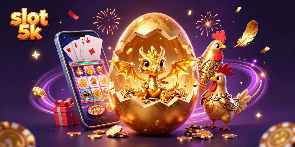 Experience winning thrills in the slot 5k arena with a golden dragon surrounded by dynamic gaming elements.