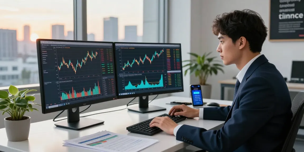 Engaging financial trading scene with a professional reviewing cryptocurrency strategies at https://crypto-reviews.ru/okx-v-kazahstane/ in a modern city office.