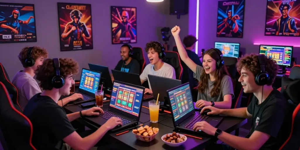Group enjoying server thailand gaming experience with laptops and neon lights.