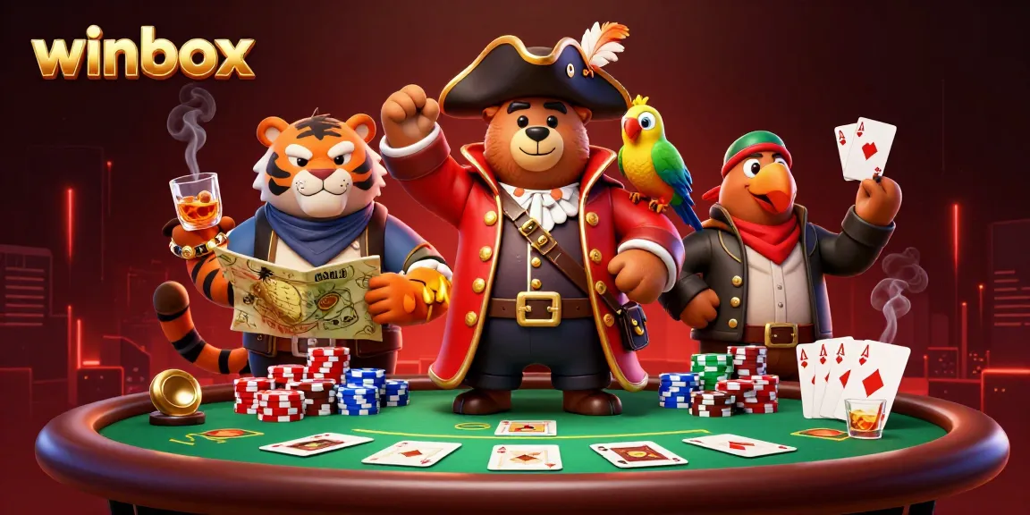 Experience thrilling gameplay with winbox's vibrant casino scene featuring a pirate captain, tiger, and poker elements.