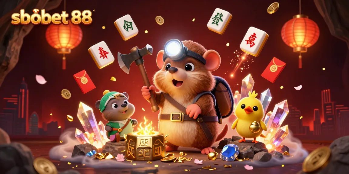 Engage with sbobet 88's thrilling atmosphere as a treasure hunter uncovers gems and treasures amidst festive gambling elements.