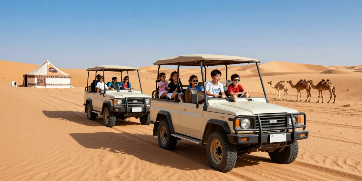Family on a desert safari adventure exploring scenic sand dunes with a rugged 4x4 vehicle and camels.