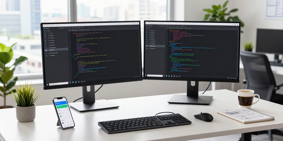 Dynamic workspace showcasing Snipaste官网 features with developer and dual monitors.
