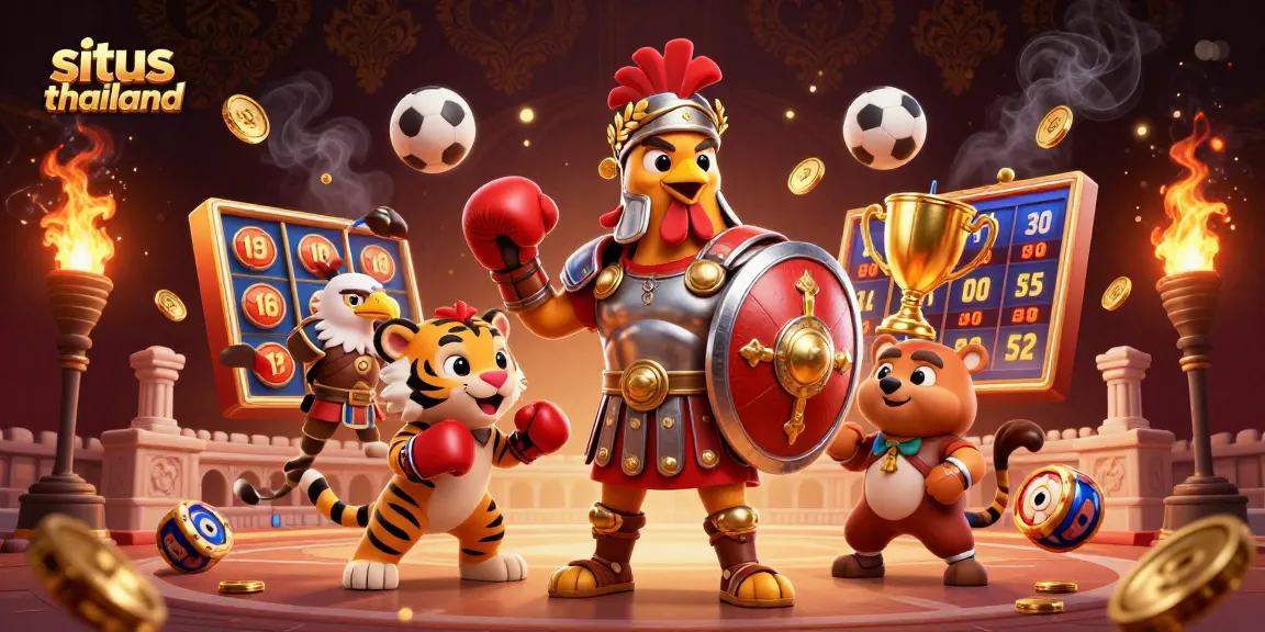 Engage in exhilarating gaming action with situs thailand featuring a dynamic 3D gladiator rooster and sports elements.