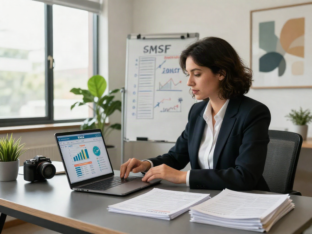 Accountant advising clients on SMSF set up in a modern office setting