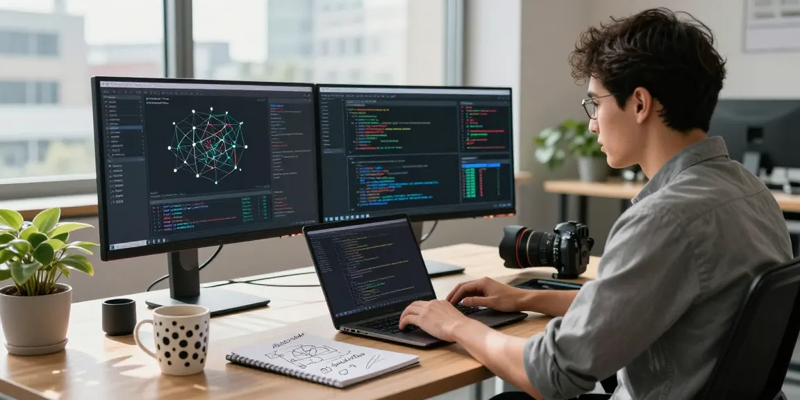 快连 developer optimizing network performance in modern tech workspace with multiple monitors and gadgets.