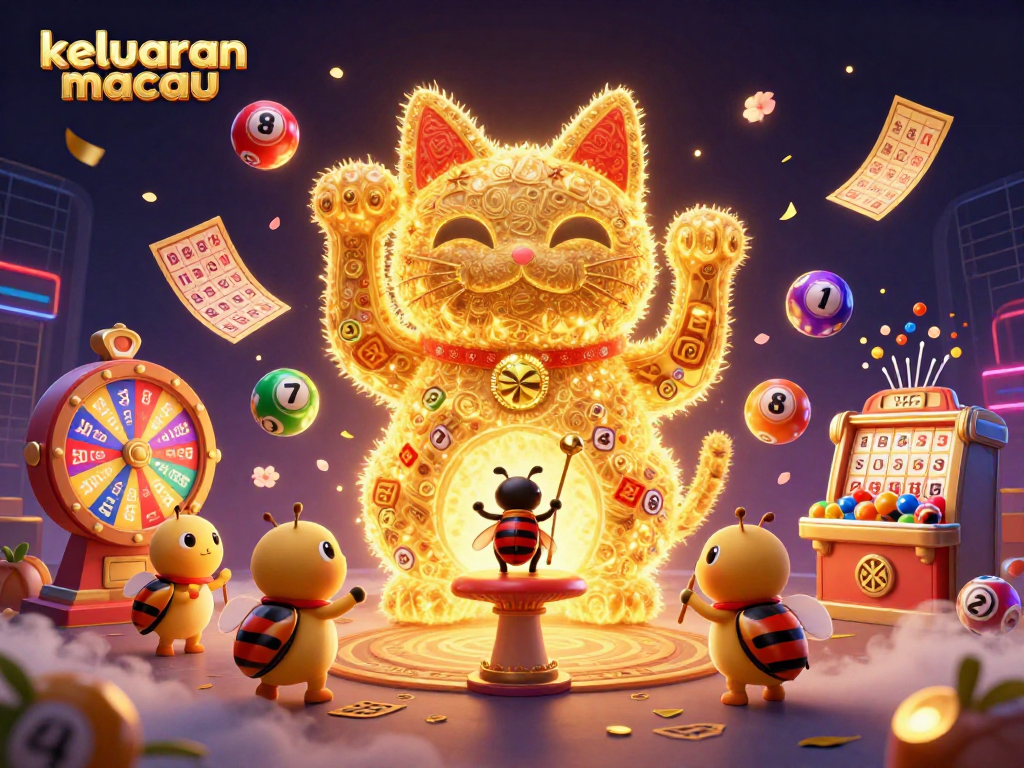 Keluaran macau visualizing lottery excitement with a lucky cat and vibrant casino elements