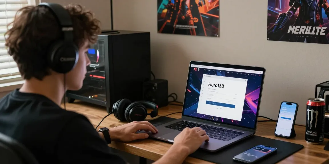 hero138 login screen displayed on a laptop in a cozy workspace with gaming accessories