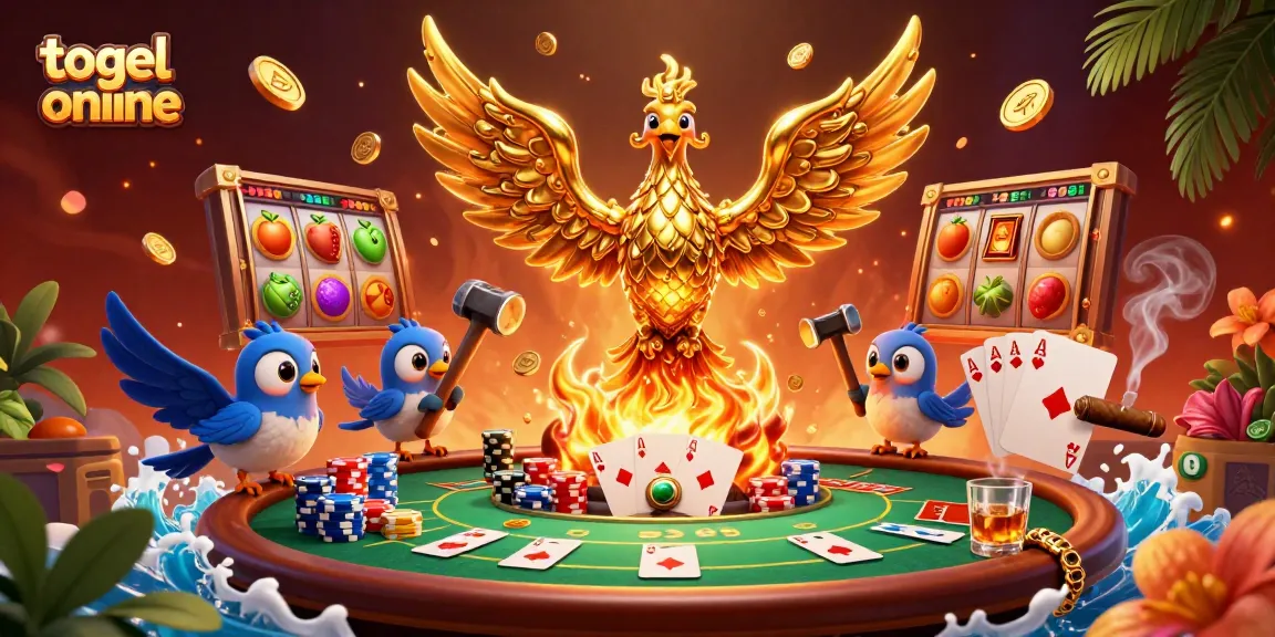 Win big with togel online in this vibrant, 3D casino illustration featuring a phoenix and gaming elements.