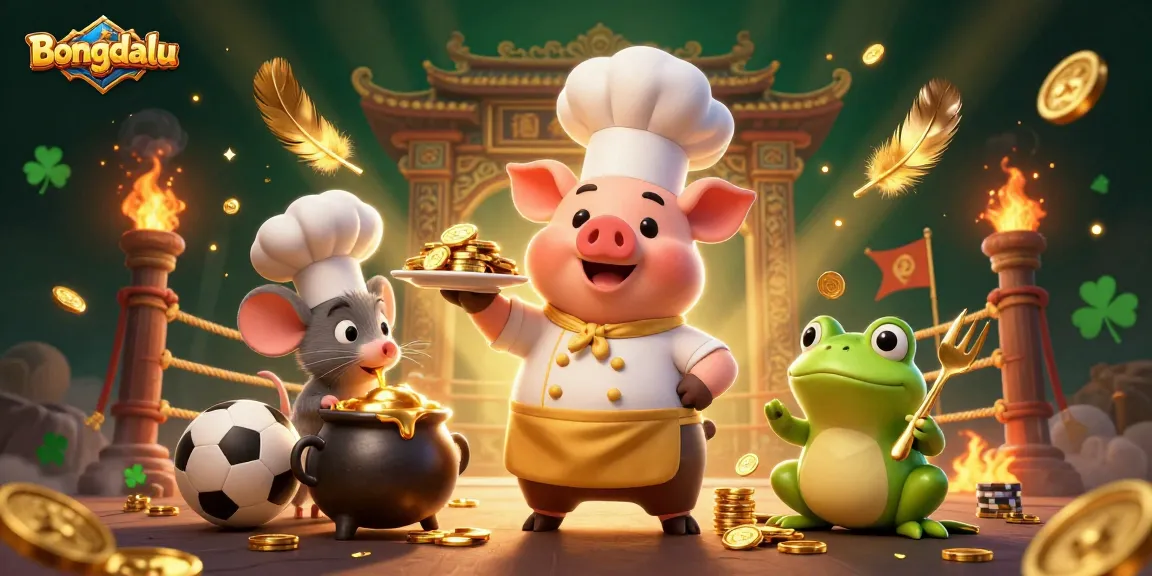 Engage with Bongdalu's vibrant betting scene featuring a cartoon chef pig, molten gold, and dynamic sports elements.