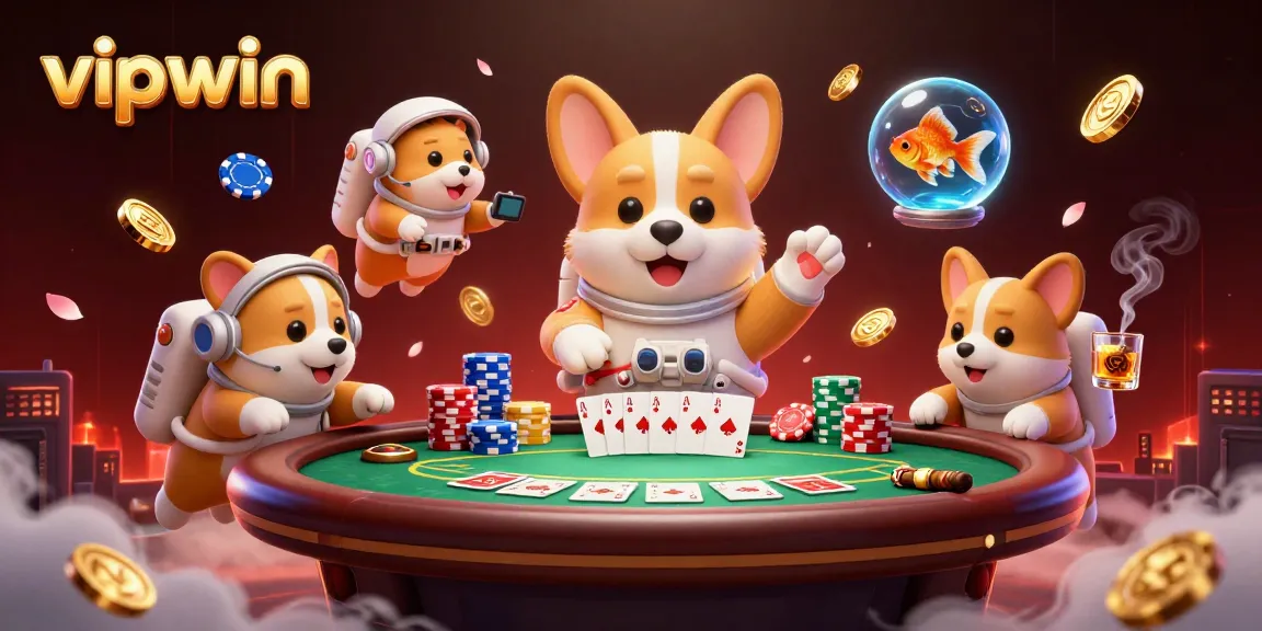 Experience the excitement of vipwin as a cartoon astronaut corgi plays poker in a vibrant space casino.