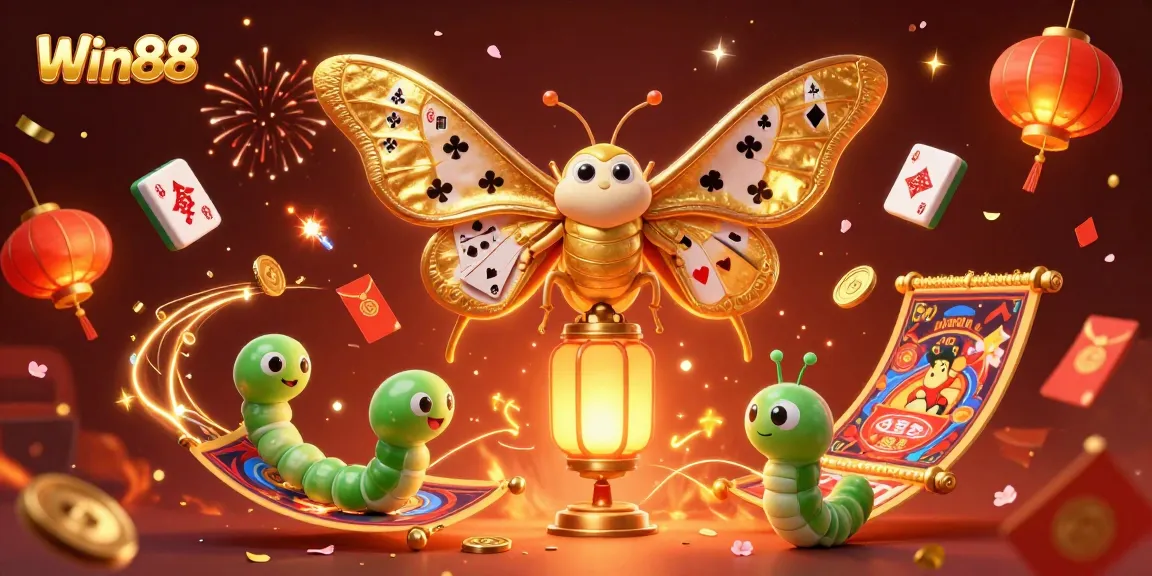 Join Win88 players in a vibrant casino scene filled with golden moths and floating Mahjong tiles.