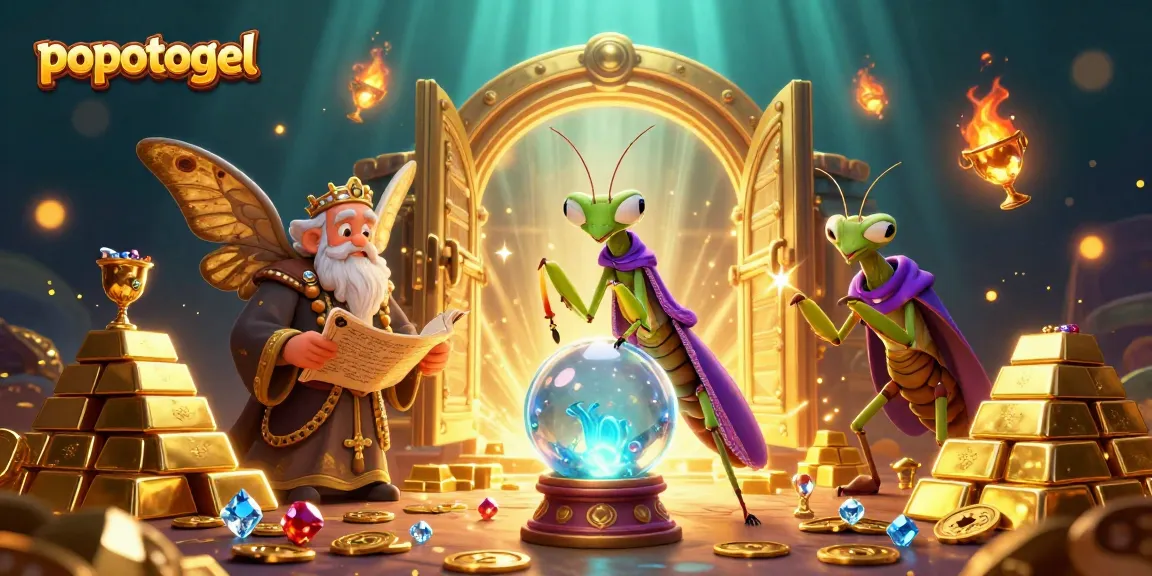 Engage with popotogel's immersive gaming experience illustrated with vivid fantasy elements and casino treasures.