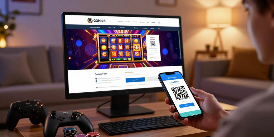 Easy slot depo qris payment interface in a cozy gaming setup with vibrant slot graphics.