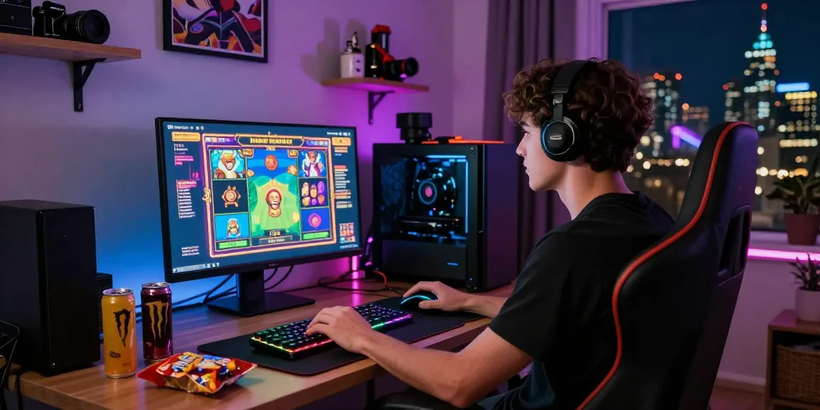 Penggemar diana4d bermain di komputer dengan berbagai aksesori gaming, menciptakan suasana menyenangkan dan enerjik.
