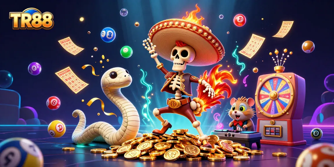 TR88 captures a vibrant celebration of wins with a mariachi rooster, mummy snake, and DJ hamster amid a dazzling Lotto scene.