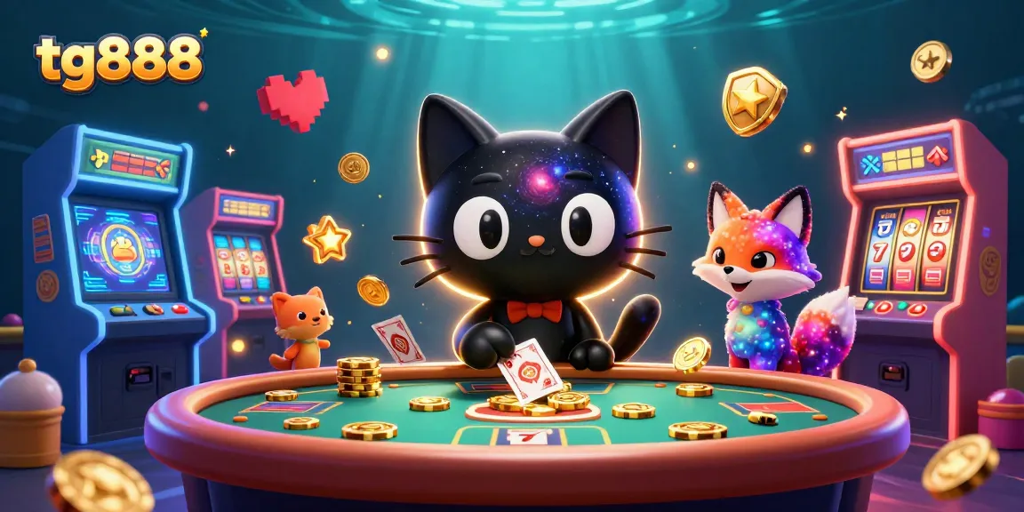 Engage in the tg888 cosmic casino experience with a black hole cat and nebula fox under glowing arcade machines.