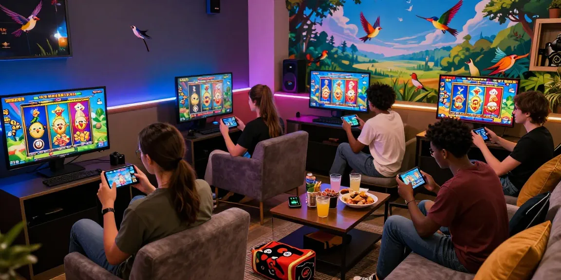 Engaging scene of friends enjoying haha178 daftar in a cozy digital lounge with vibrant slot game visuals.