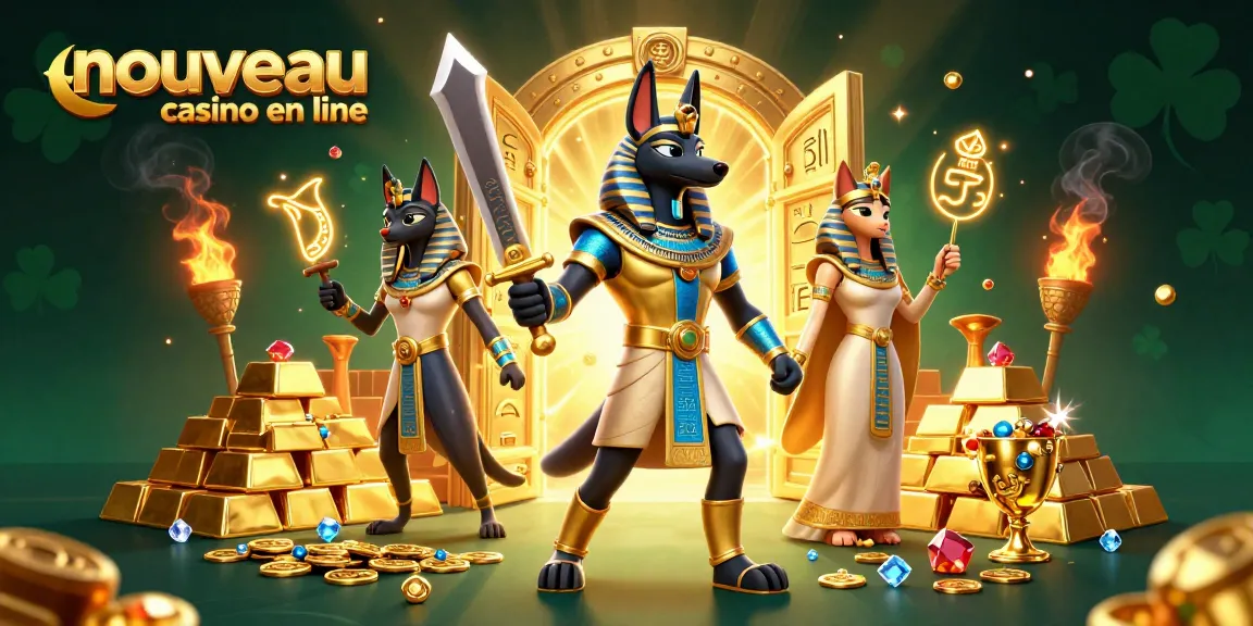 Jouez dans un nouveau casino en ligne avec Anubis et Bastet entourés de trésors éclatants.
