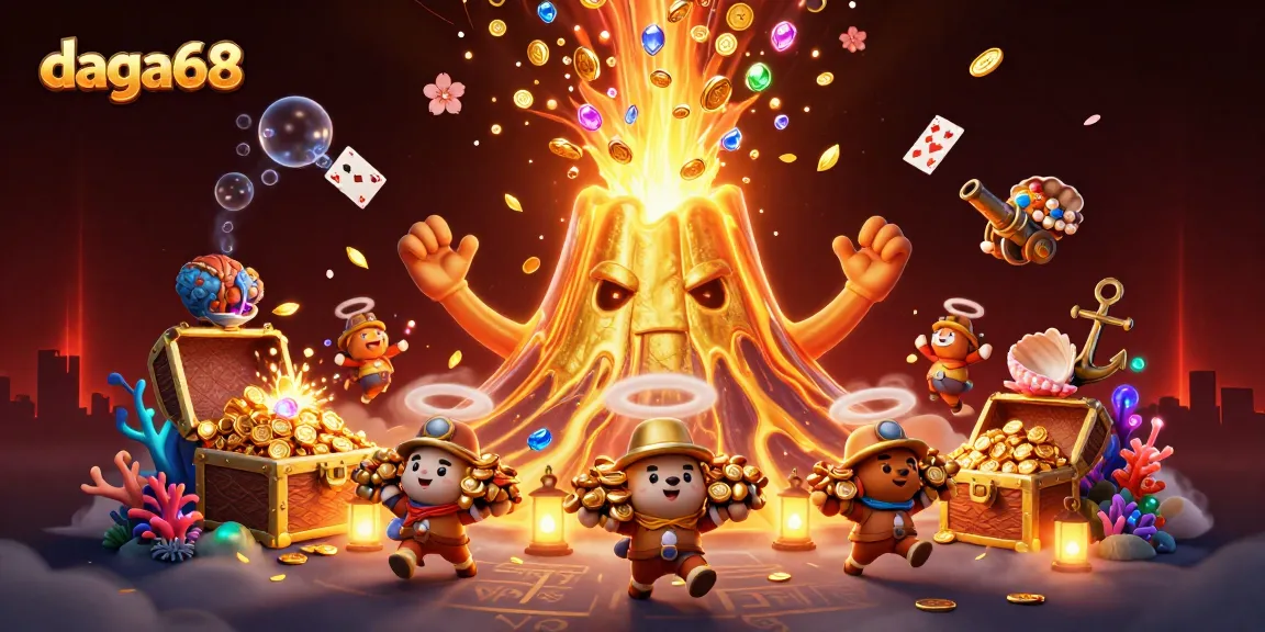 Daga68 showcases an exciting 3D scene of gambling adventure with treasure, vibrant visuals and animated elements.