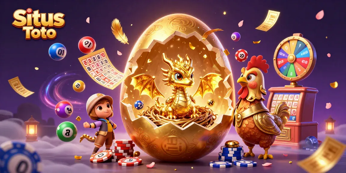 Situs Toto showcases thrilling casino action with a golden dragon emerging from a nest of poker chips amidst dynamic gaming elements.