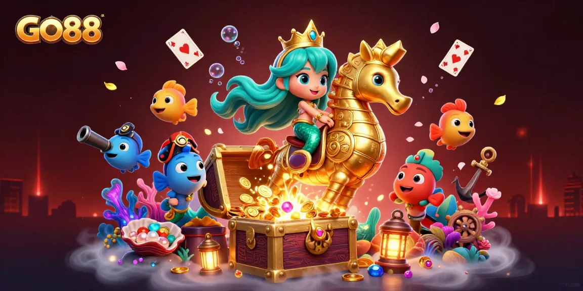 GO88 casino illustration featuring a mermaid princess playing amidst underwater treasures, enhancing gaming excitement.