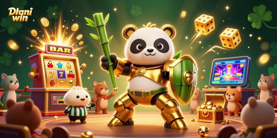 Dhani win gaming scene featuring a golden panda piloting a robot amid slot machines and action elements.
