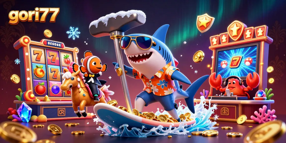 Spin the reels with gori77 as a shark surfs gold coins, showcasing dynamic casino excitement.