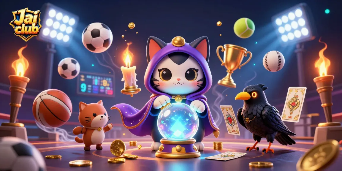 Engage with Jai club through an exciting, vibrant scene featuring a fortune teller cat and a raven amidst dynamic sports elements.
