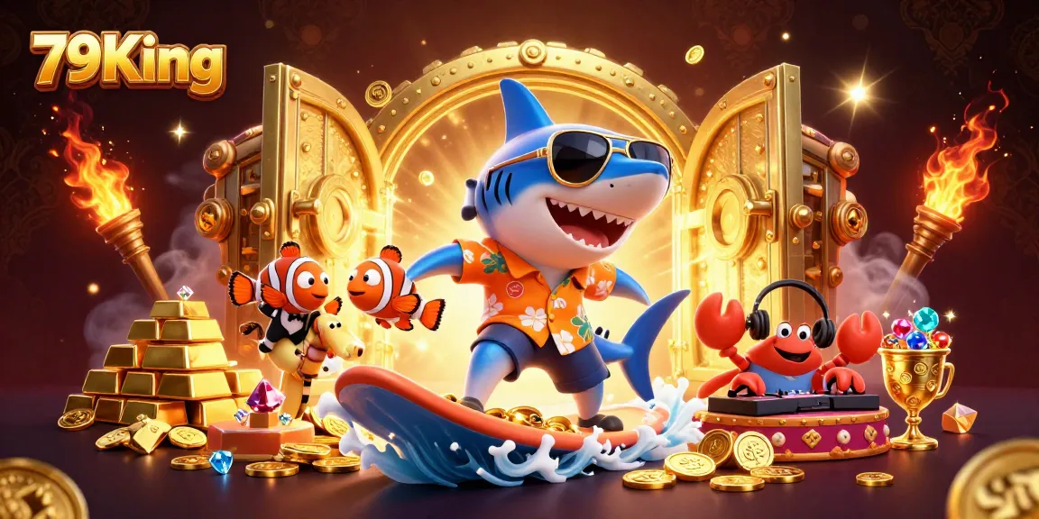 Explore thrilling gaming with 79King as a hammer-head shark rides gold coins while a crab DJ spins the scene!