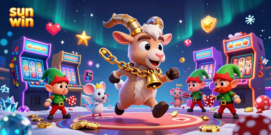Experience sun win casino thrills with Krampus and playful elves in a festive gaming scene.