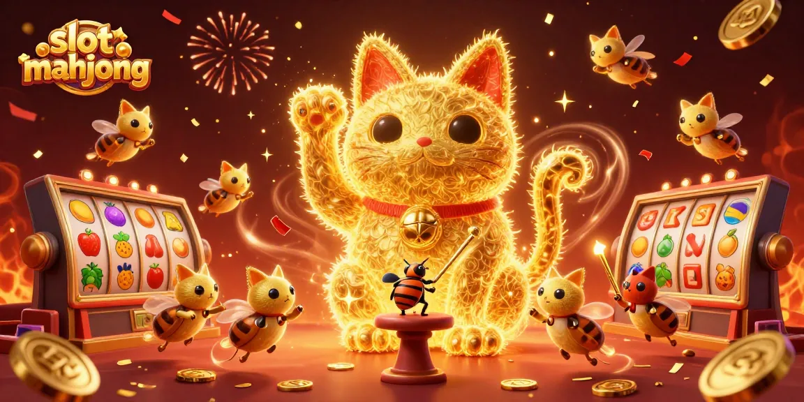 Engage in slot mahjong as golden fireflies form symbols around spinning reels and a waving lucky cat.