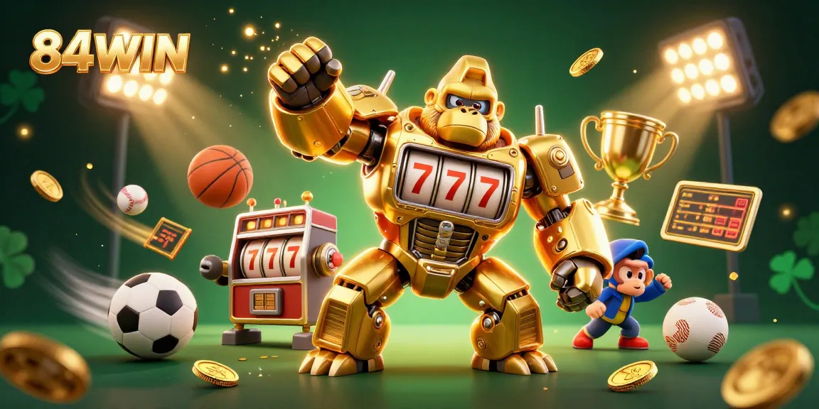 Experience thrilling gaming at 84WIN with a golden gorilla mech and dynamic sports elements.