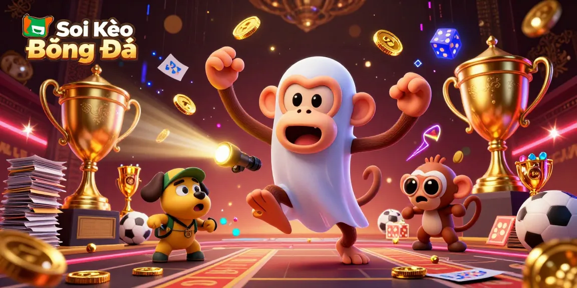 Soi Kèo Bóng Đá reveals dynamic sports betting action with a playful monkey and ghost-hunter puppy.