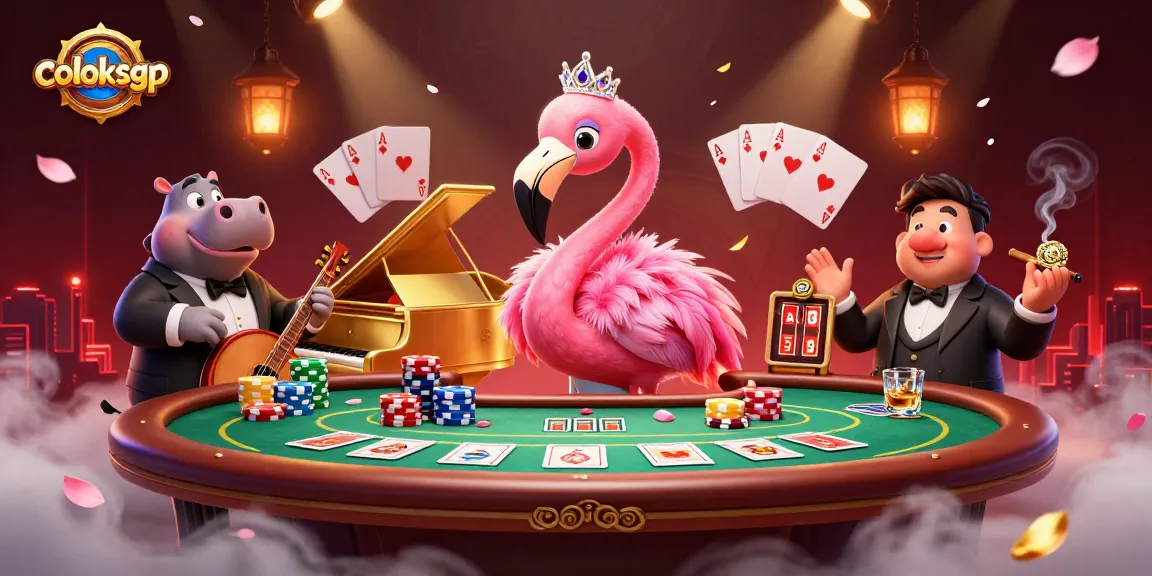 Engage with coloksgp through a vibrant 3D casino scene featuring a flamingo singer and hippo bassist.