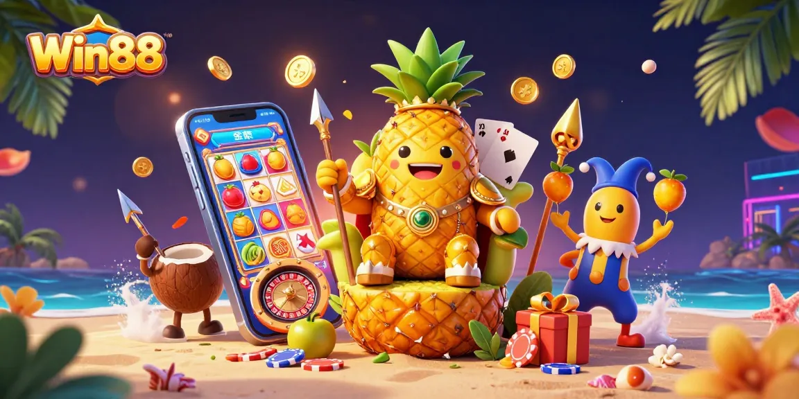 Win88 captures thrilling moments with a golden pineapple king and slot game elements in a vibrant casino scene.