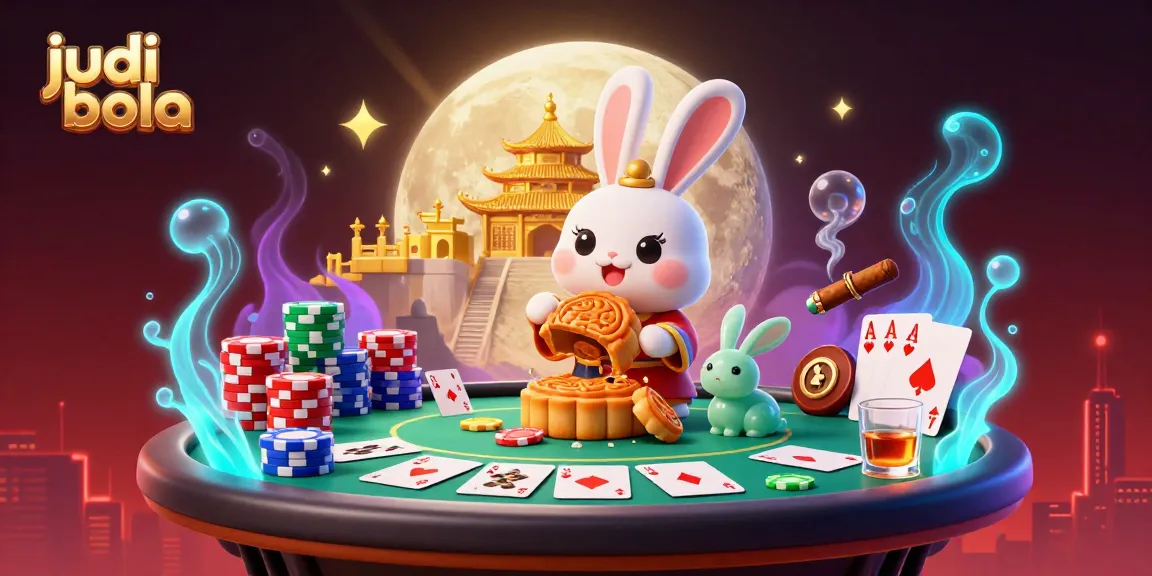 Bet on judi bola with a dynamic scene featuring lunar folklore characters and rich gambling elements.