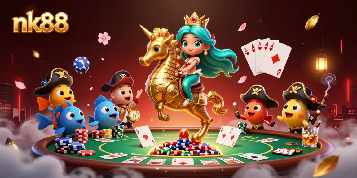 Experience the thrilling heart of nk88 with a vibrant casino scene featuring mermaid princess activities and card games.