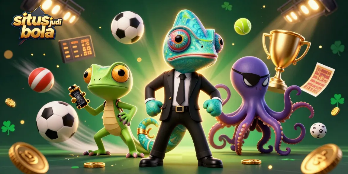Engaging illustration of situs judi bola with secret agent chameleon, gecko, and octopus showcasing sports balls and betting elements.