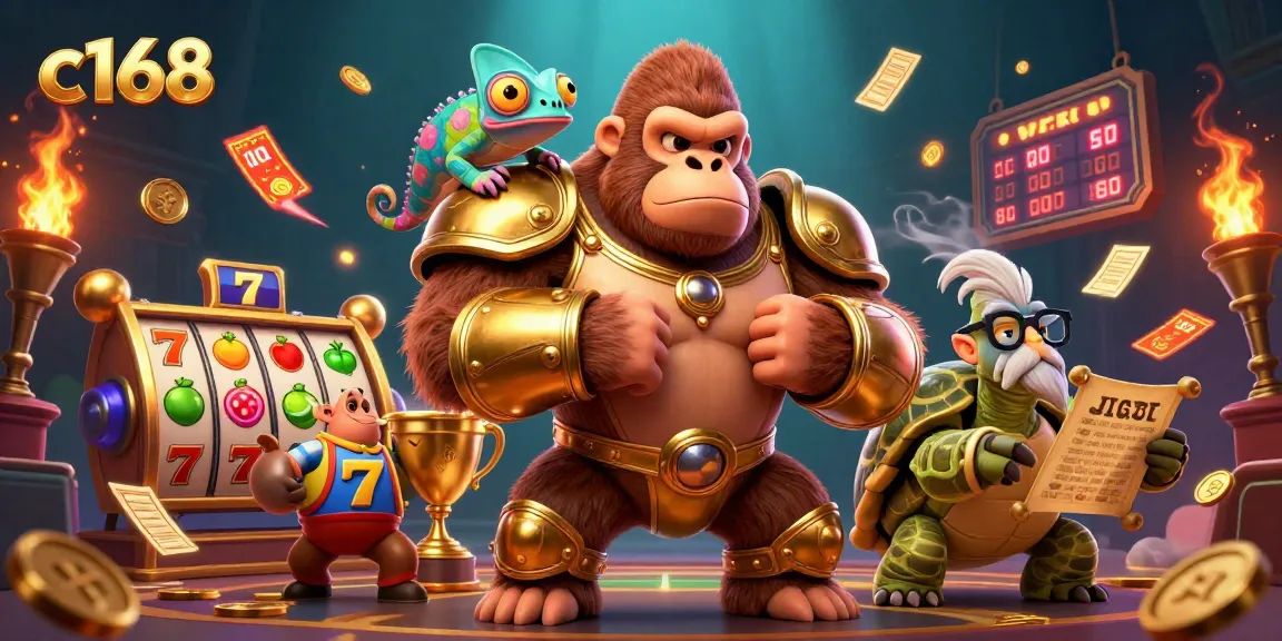 Experience thrilling gaming adventures at c168 with a 3D gorilla king and exciting casino elements.